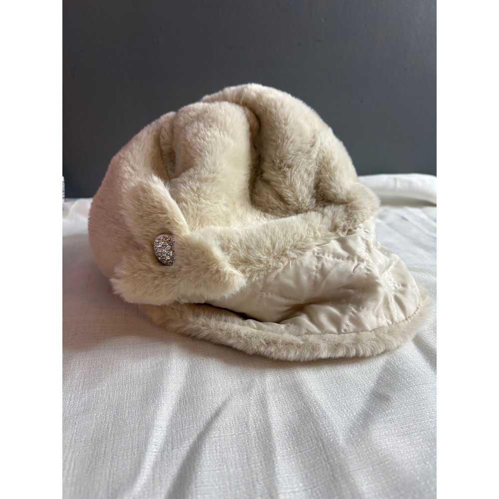 Vintage Style Cream Faux Fur Pillbox Hat Rhinestone Button Quilted Lining Ivory